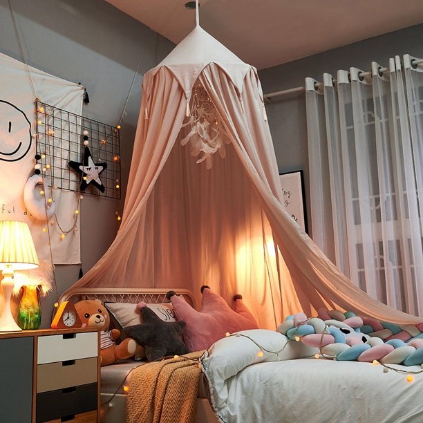Tienda de campaña con forma de cúpula con borlas para niños, instalación sin perforaciones, cortina para la cama, repisa para la cama, mosquitera artesanal de algodón lavable con agua