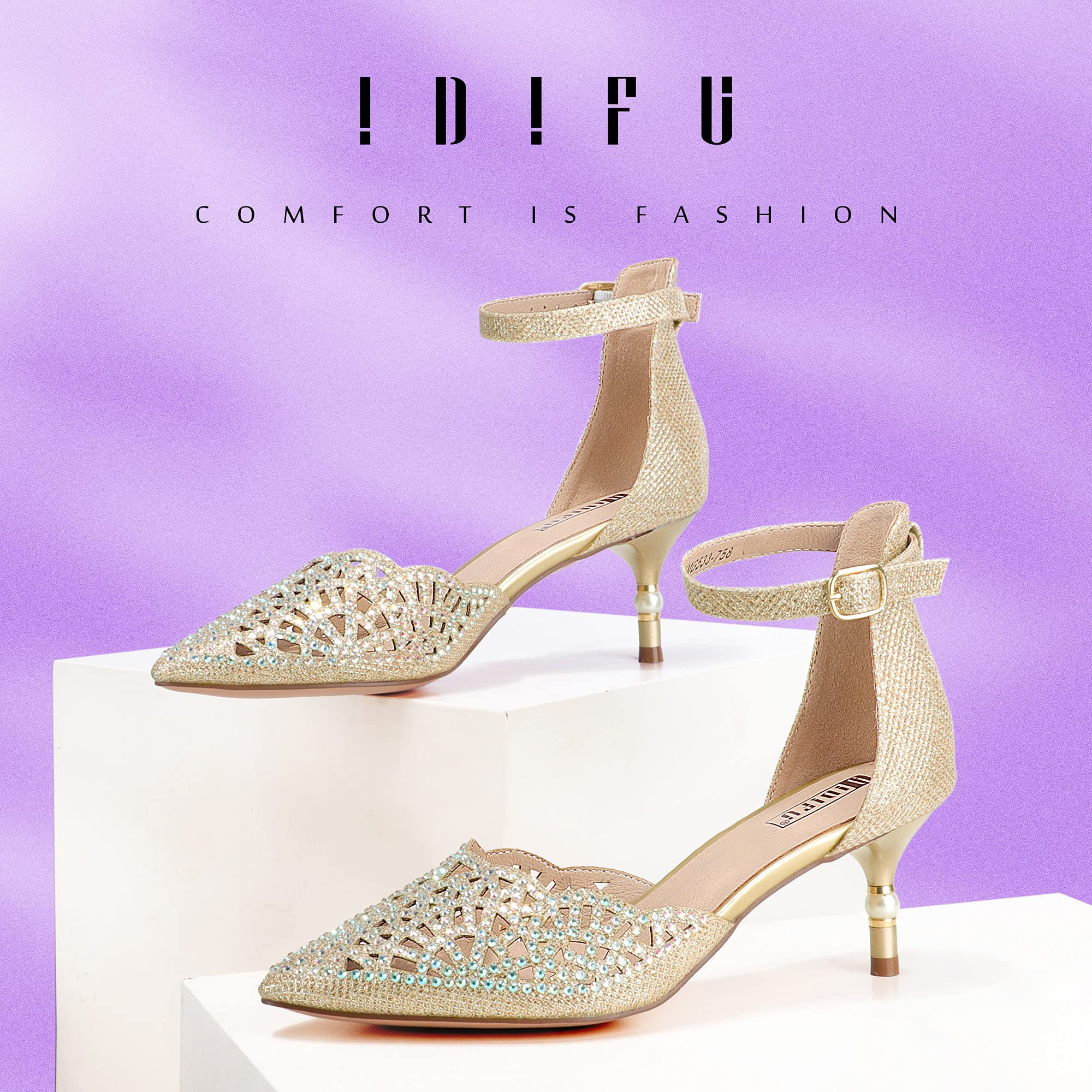 IDIFU Women s IN2 Candice Wedding Rhinestones Sequins Low Kitten Heels Pumps Dress Evening Shoes for Women Bridal Bride Gold 6.5 B M US Walmart