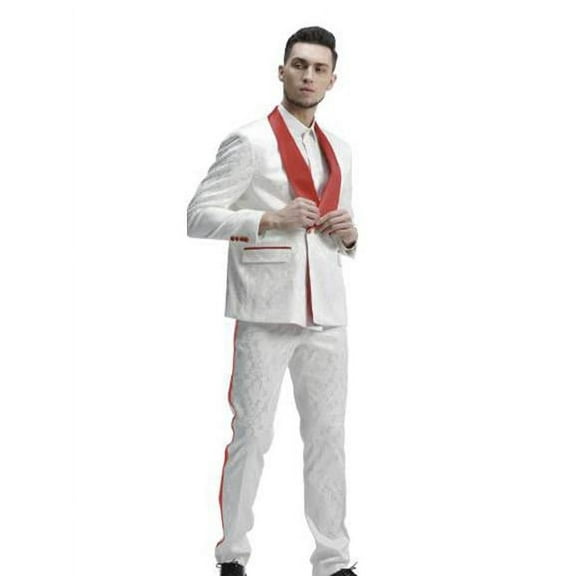 Mens 1 Button Shawl Lapel White And Hot Red Wedding / Prom Outfit Tuxedo Suit White Pants & White Vest