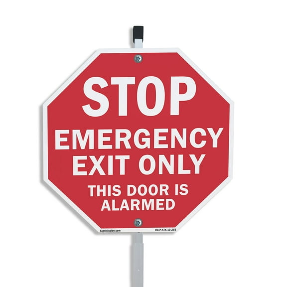 Stop Emergency Exit Only This Door Is Alarmed 10 inch X 10 inch Octagon Plastic Sign with Aluminum Mounting Stake Weather Resistant UV Protected for Workplace Private Property and