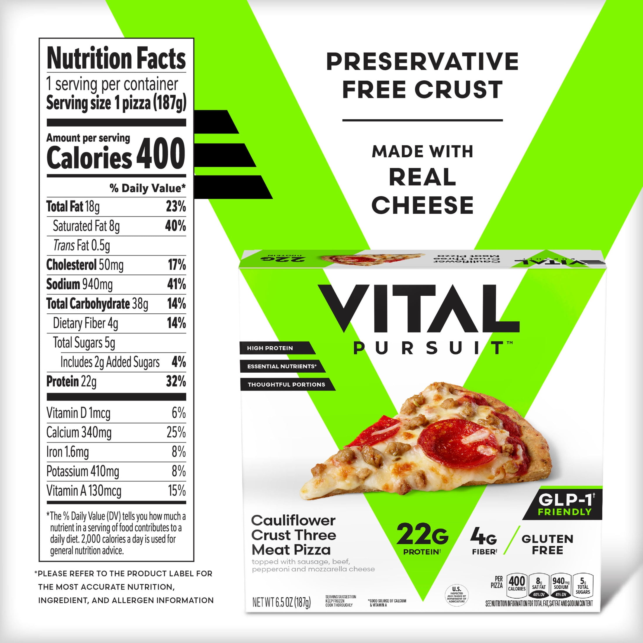 Vital Pursuit High Protein Personal Three Meat Pizza with Cauliflower Crust Frozen Food, Air Fryer Ready Dinner Meal, 6.5 oz (Frozen)