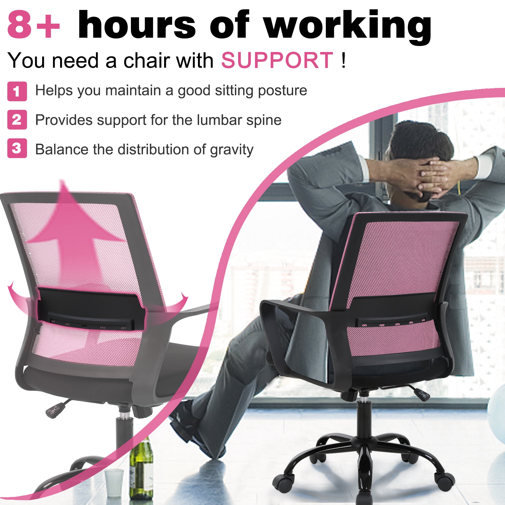 BestOffice Ergonomic Office Chair, Lumbar Support, Swivel Rolling for Women(Pink)