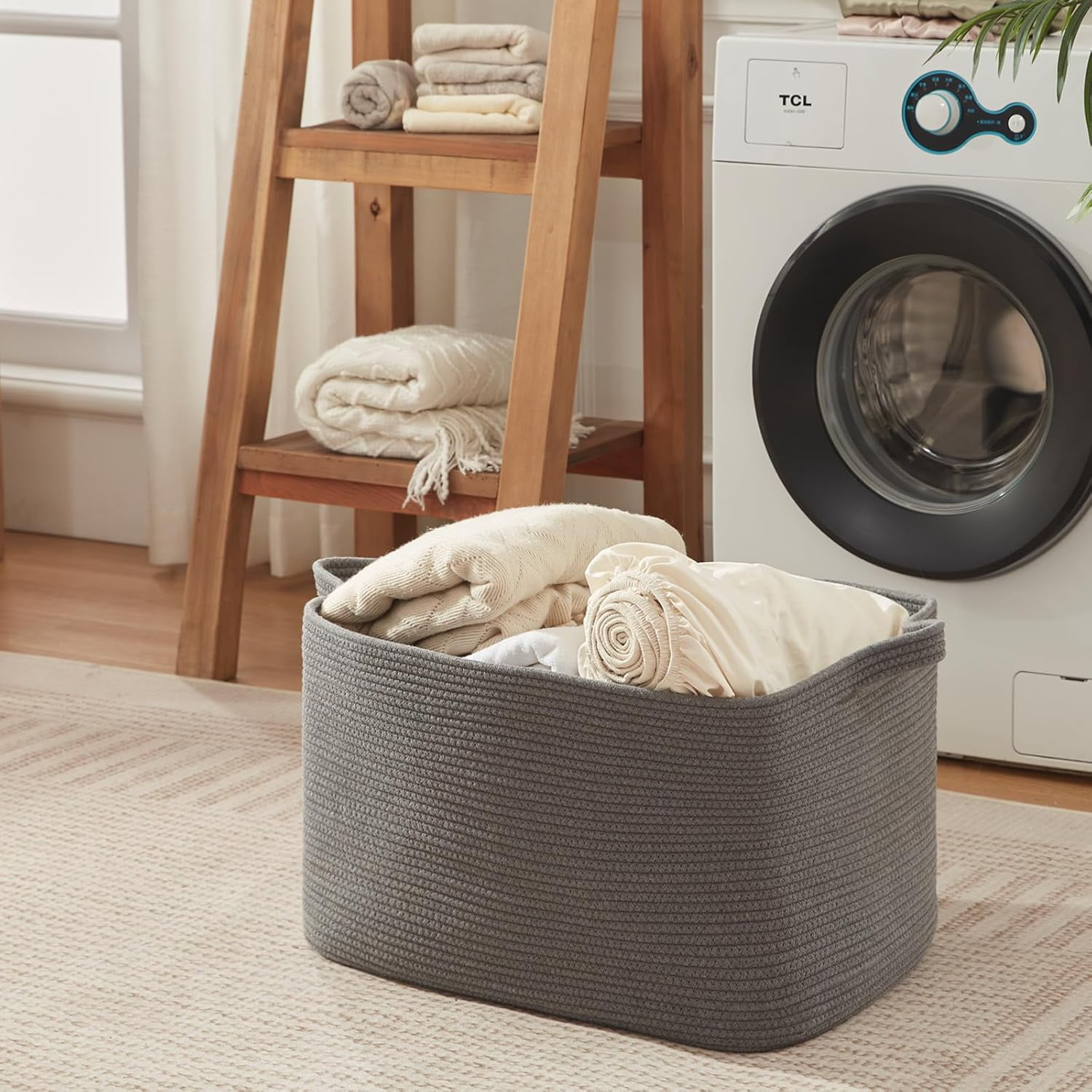 108L Extra Large Blanket Basket, 24.8" x 16.2" x 16.2" Rectangle Woven Storage Baskets for Living Room, Nursery, Bedroom, Toy Basket with Handle (Dark Grey)