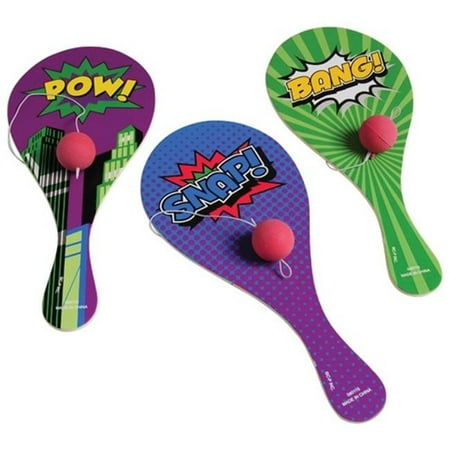 US Toy 4440 Superhero Paddle Balls - Pack of 12
