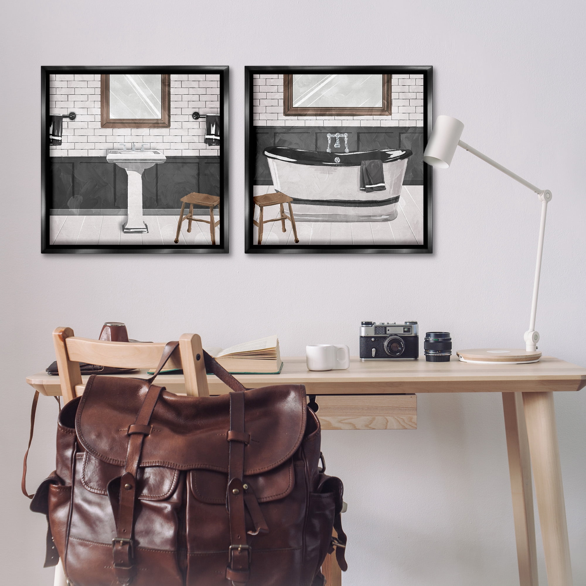 Stupell Industries Modern Country Bathroom Interior Abstract Painting Black Floater Framed Canvas Art Print Wall Art, 25 x 25, Set of 2