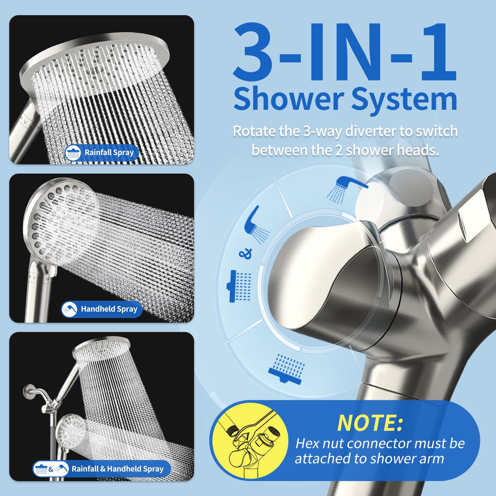 KAIYING Filtered Dual Shower Head System, 9-Mode Rain and Handheld Spray Combo with Adjustable Extension Arm, Brushed Nickel