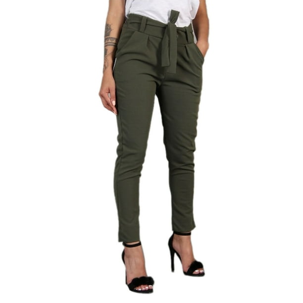 Women Casual Trousers Solid Color Waistband Mid rise Straight Pants Black Khaki Green Walmart