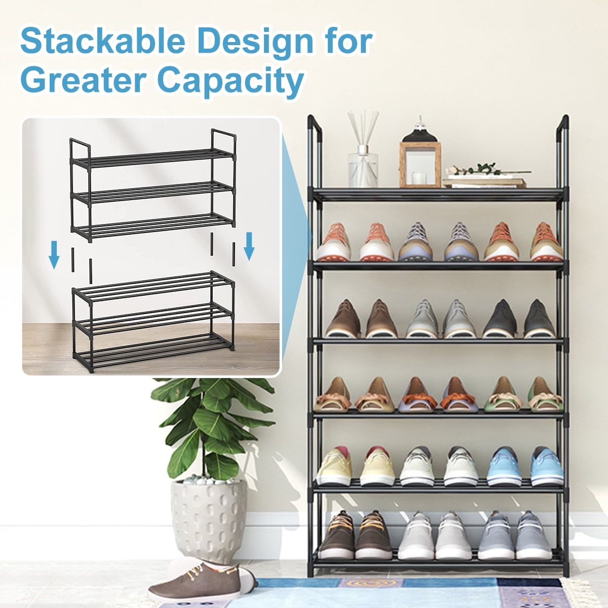Fiuion Shoe Rack Multi-tier Metal Shoe Racks 12 Pairs Shoe Organizer Storage Freestanding Stainless Steel Shoe Shelf for Closet, Hallway, Entryway, Black, 3-Tier, 31.5in