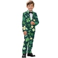 thumbnail image 2 of Xoenoiee Green Shamrock Print Boys' 2-piece Formal Suit Set, St. Patrick's Day Single Breasted Jacket & Straight Leg Dress Pants with Functional Pockets, 7-8 Years, 2 of 7
