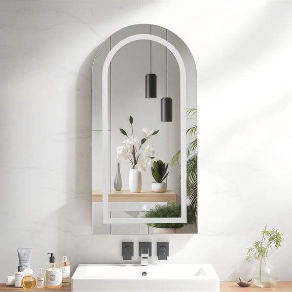 DIYSET Arched LED Medicine Cabinet with Mirror, Wall Mounted & Recessed Bathroom Mirror Cabinet, Lighted Mirror Cabinet with Adjustable Shelves Storage