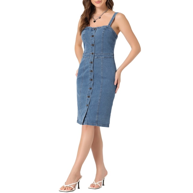 INSPIRE CHIC Robe en Denim à Boutons pour Femme Sans Manches à Encolure Cœur Robes en Jean Bleu Pâle m