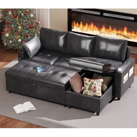 YODOLLA Sofa Bed, 3 in 1 Sleeper Sofa with Storage Chair, Faux Leather L Shape Couch, Sectional Pull Out Sofa Bed Mid Century Modern Couch for Living Room Clearance, Comfy Sleeper Couch in Black