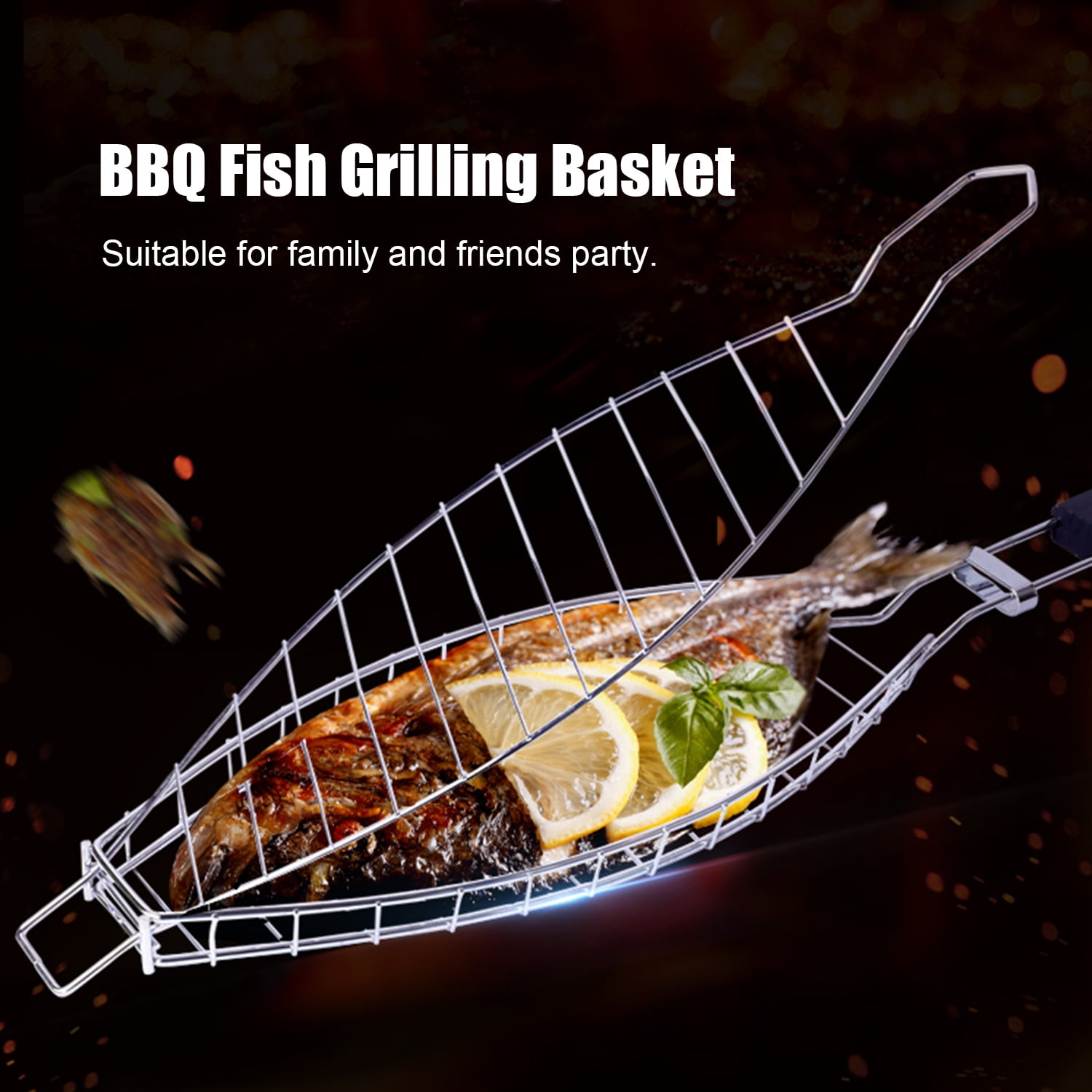 Hemoton 2PCS Metal Fish Barbecue Basket Non-Stick Mesh Clip Wooden Handle Fish Grilled Barbecue Clip Outdoor Barbecue Tool 