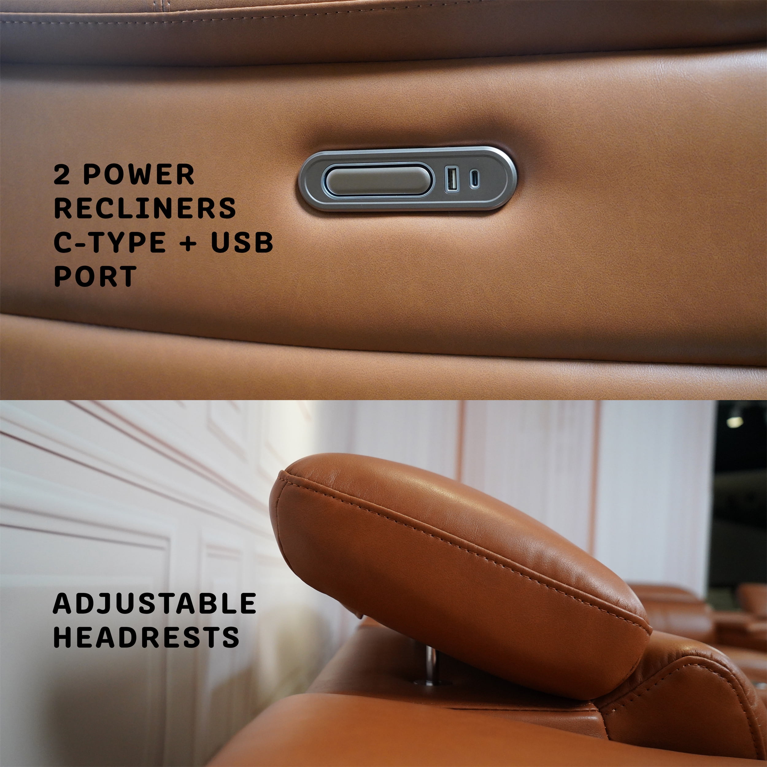 Arron Modern Leather Power Reclining Sectional Sofa with Media Console, Wireless Charging, Bluetooth Speakers, and Ambient LED Under-Glow, Caramel
