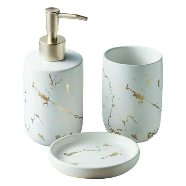 Juego de accesorios de baño de cerámica con efecto mármol, dispensador de loción y jabonera. Blanco 3 piezas