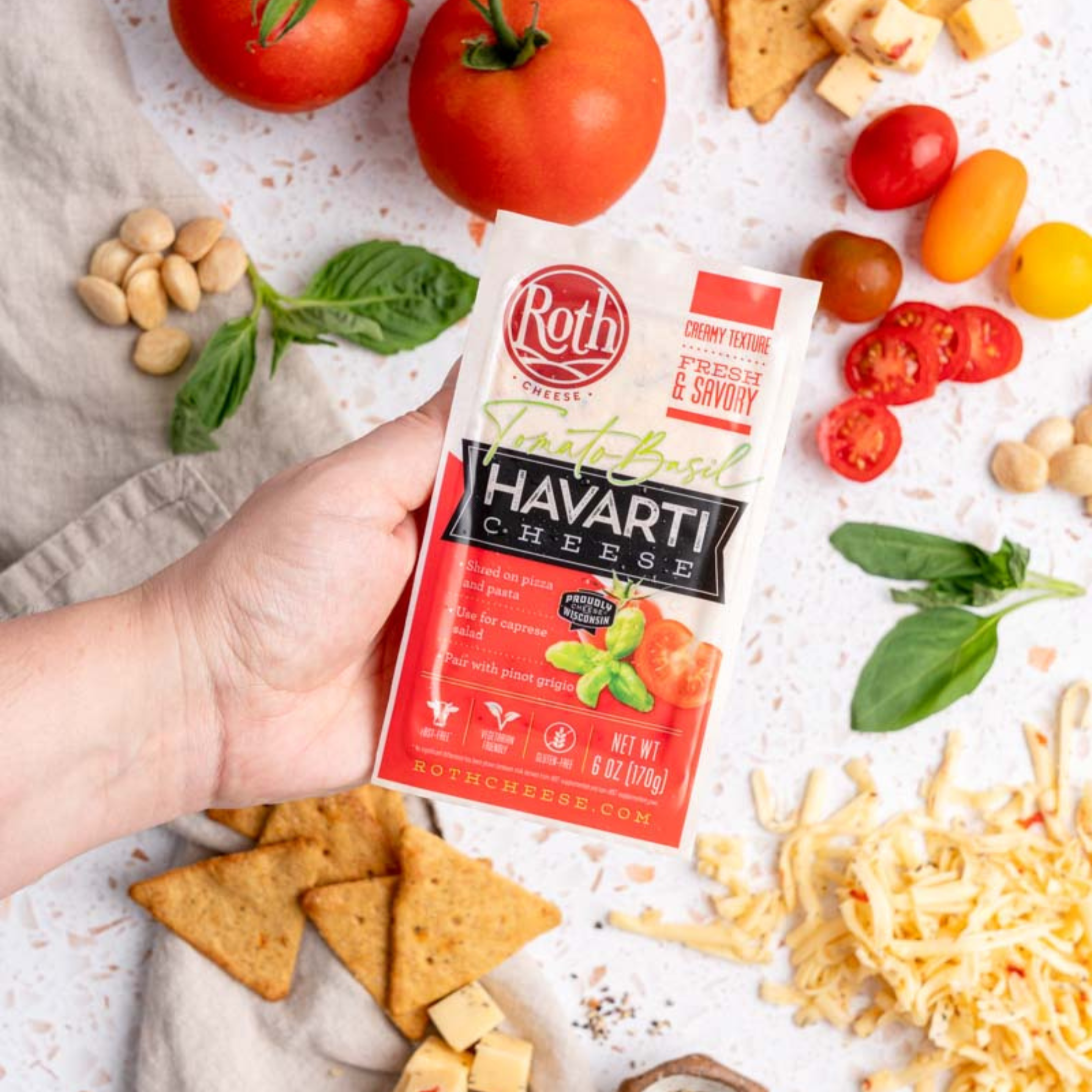 Roth Gluten Free Block Tomato Basil Havarti Cheese, 6 oz Fresh Plastic Wrapped