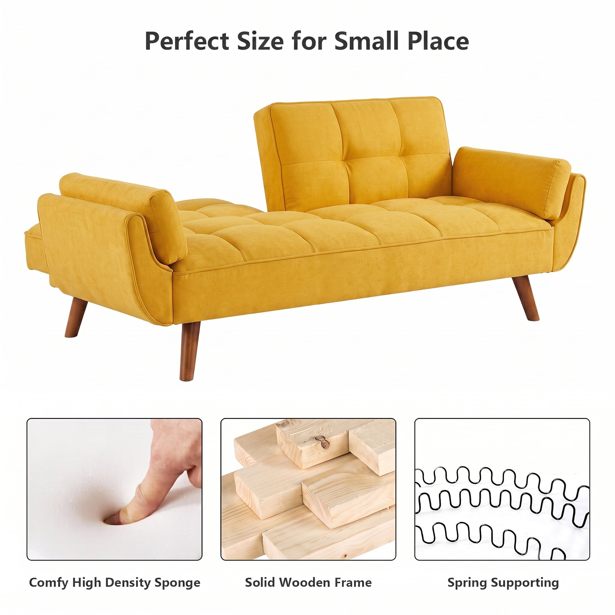 Aukfa 75" Pillow Top Arm Futon Convertible Sofa Bed, Tufted Loveseat Sleeper Couch for Home Office, Linen, Yellow