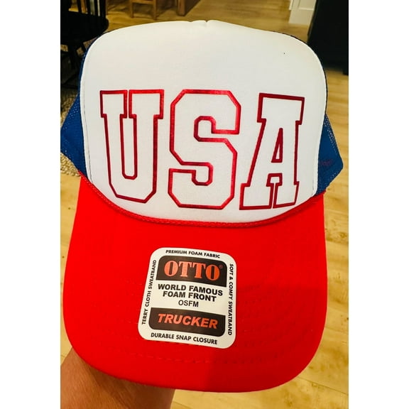 USA Red Metallic Puff Vinyl Red White and Blue Unisex Foam Trucker Hat