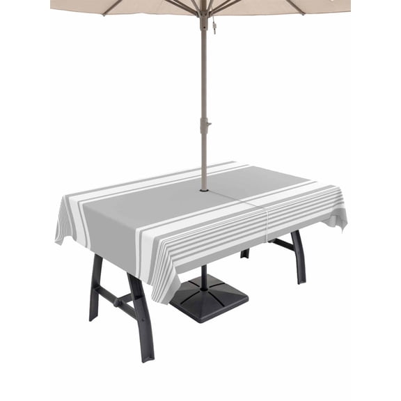 Outdoor Tablecloths with Umbrella Hole & Zipper, Farmhouse Grey 60 x102 Inch Rectangle Tablecloths, Farmhouse Gray Line Striped Waterproof Table Cloth, Patio/Pool/Picnic Table Covers