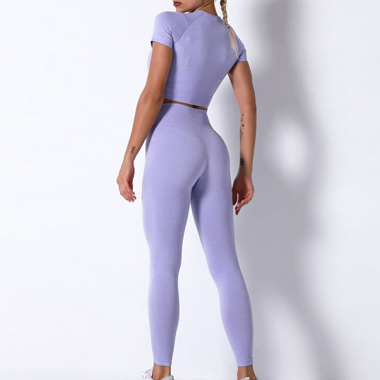 RQYYD Women's Workout Outfit 2 Pieces Seamless High Waist Yoga Leggings  with Long Sleeve Crewneck Crop Top Gym Clothes Set Purple M 