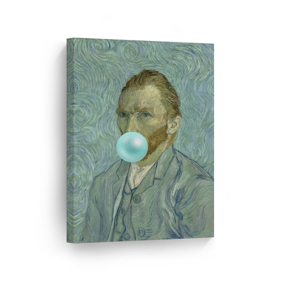 Smile Art Design Vincent Van Gogh's Masterpiece Self Portrait Teal Blue Bubble Gum Art CANVAS PRINT Famous Paintings Wall Art Classic Art Home Decor Stretched Ready to Hang Made in USA 40x30