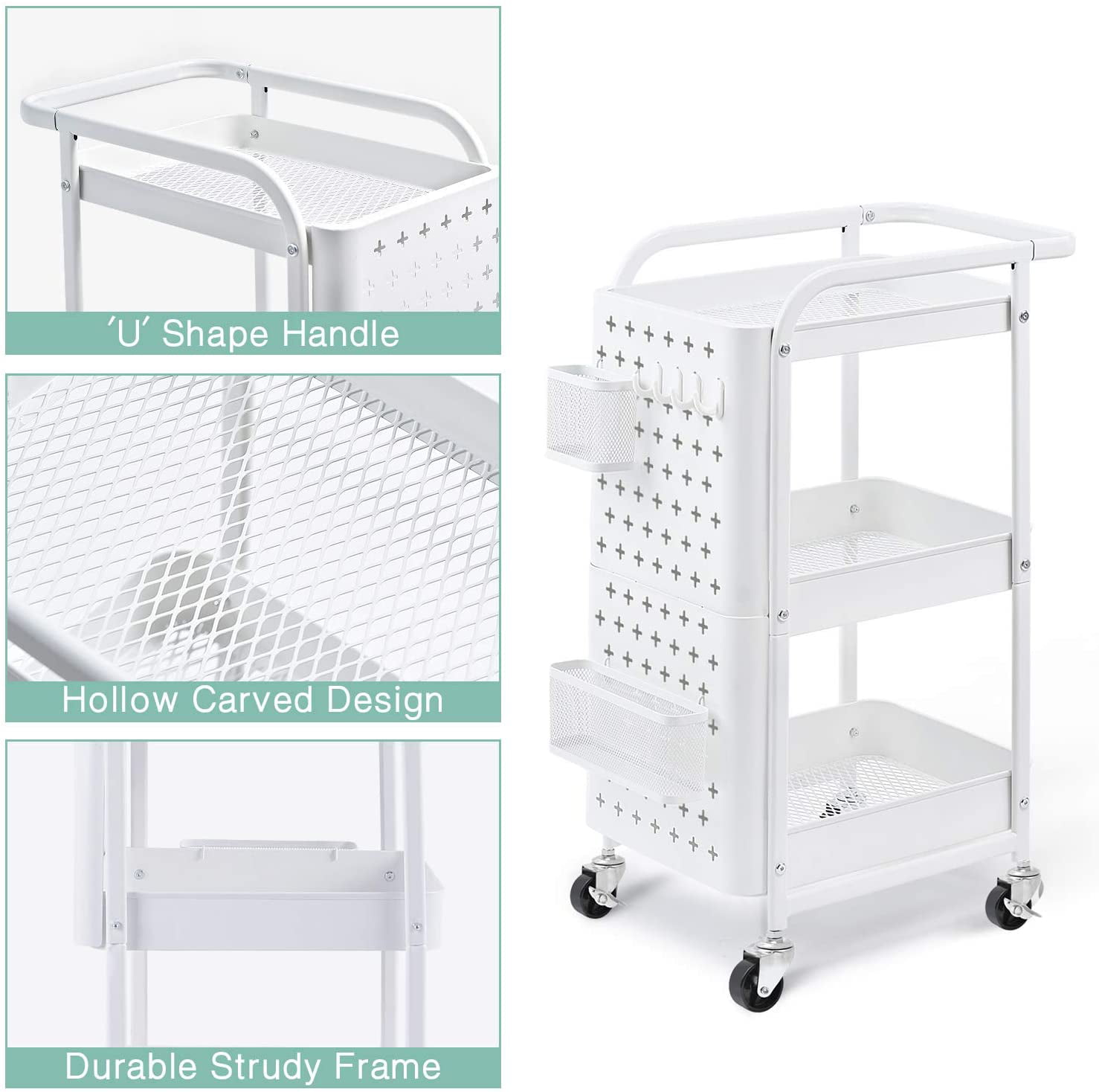 White Metal Service Cart with Practical Handle and Extra 2 Baskets TOOLF 3-Tier Storage Rolling Cart Trolley Organizer with Removable Pegboard 4 Hooks for Kitchen Office Home 