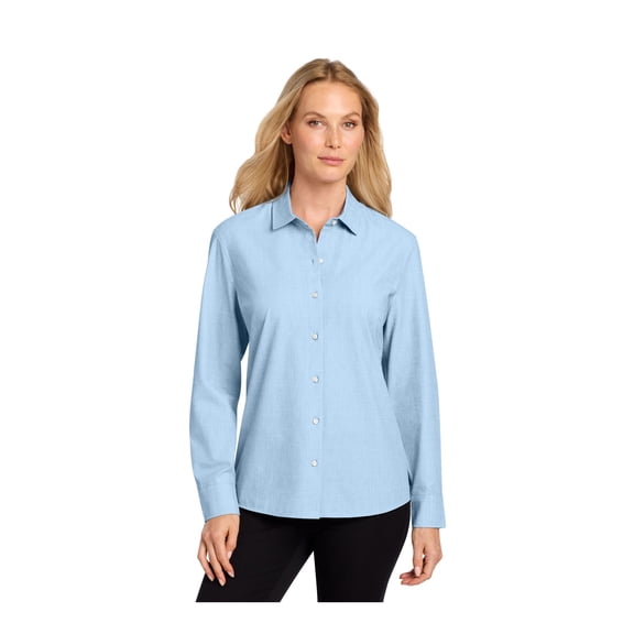 MERCER METTLE Women's Long Sleeve Stretch Woven Shirt | Lightweight Women's Button Up, Collared Business Casual Shirt - Air Blue End On End 3XL