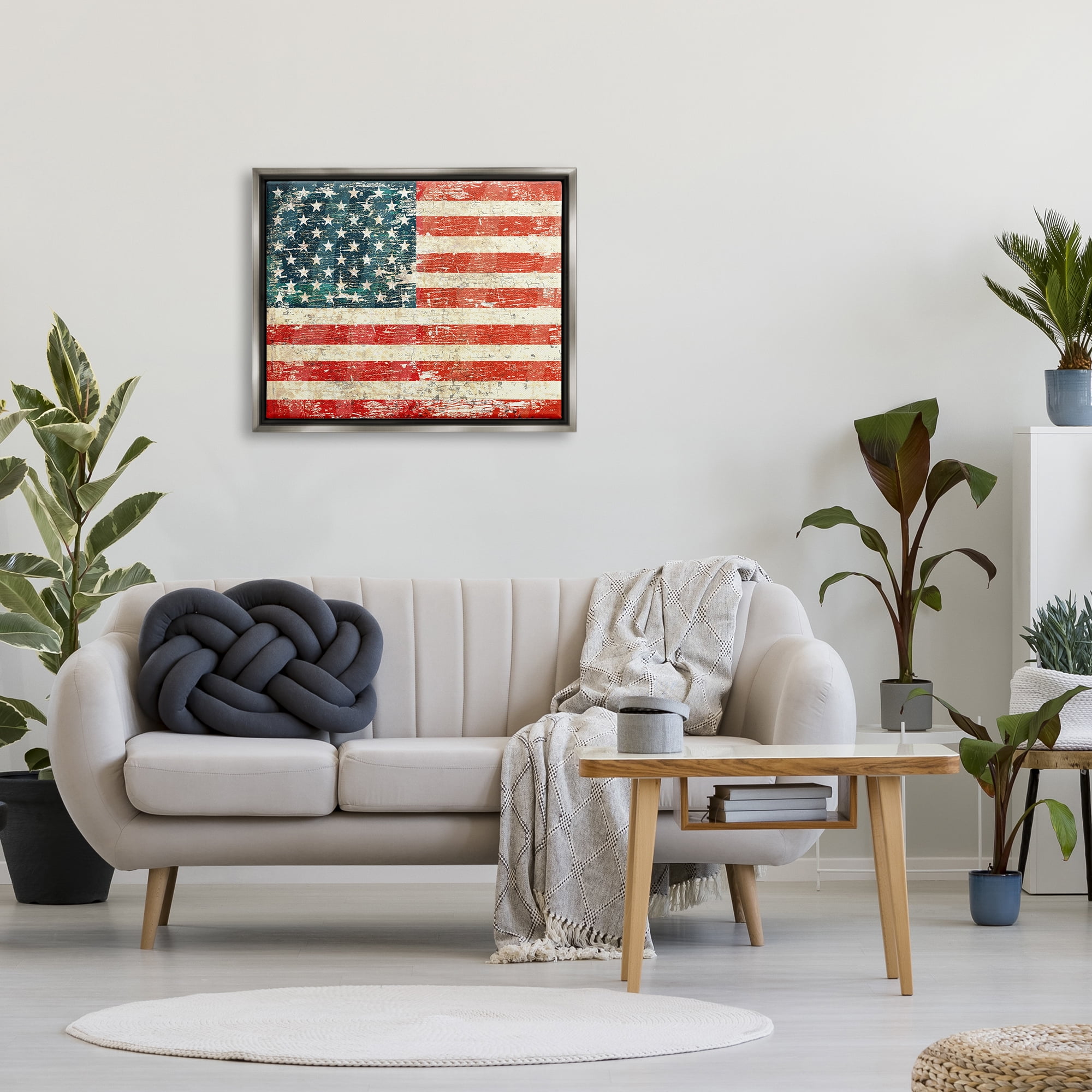 Stupell Industries Rustic American Flag Town & City Painting Gray Floater Framed Art Print Wall Art, 31 x 25