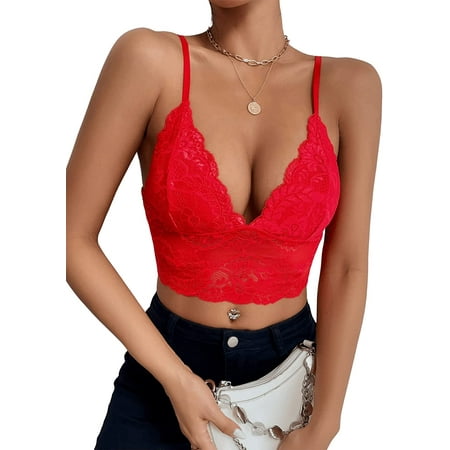 

SAJBN Women s Sheer Lace Cami Crop Top Stretch Spaghetti Strap Crop Cami Bra