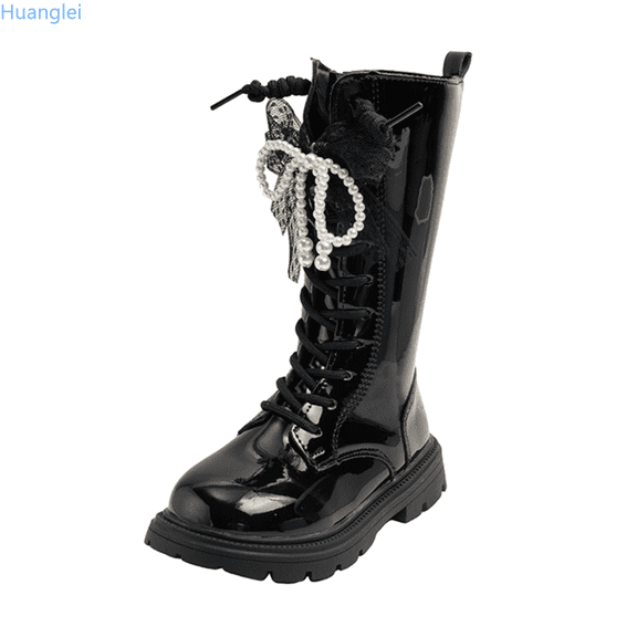 Huanglei Children Shoes Fashionable Flat Boots Comfortable Soft Sole Leather Children Boots Boots Girls Combat Boots 3.5-4 Years