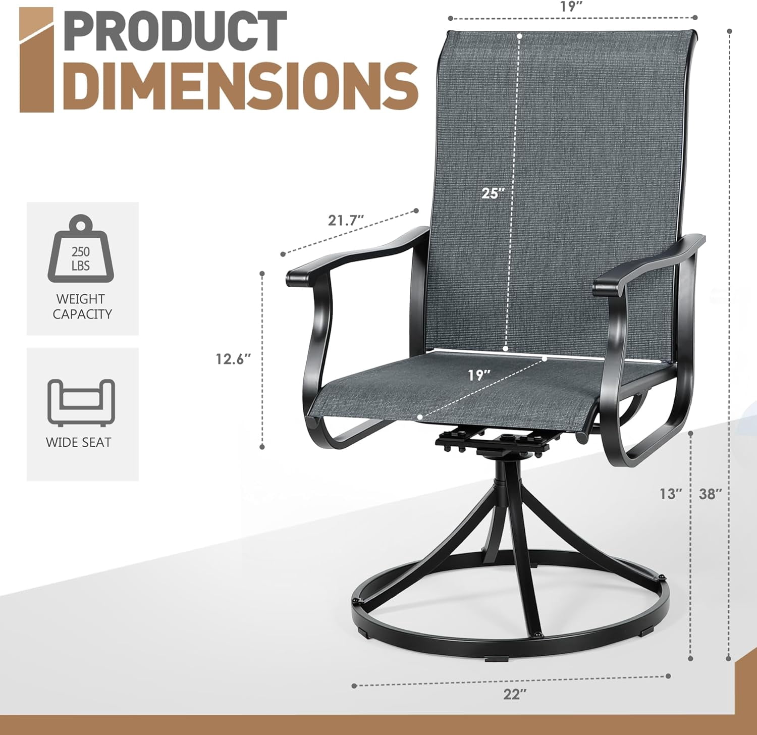 SOLAURA Patio Swivel Rocker Dining Chairs Set of 2, Outdoor Textilene Chairs for Porch, Garden, Backyard, Deck, and Lawn, Dark Gray