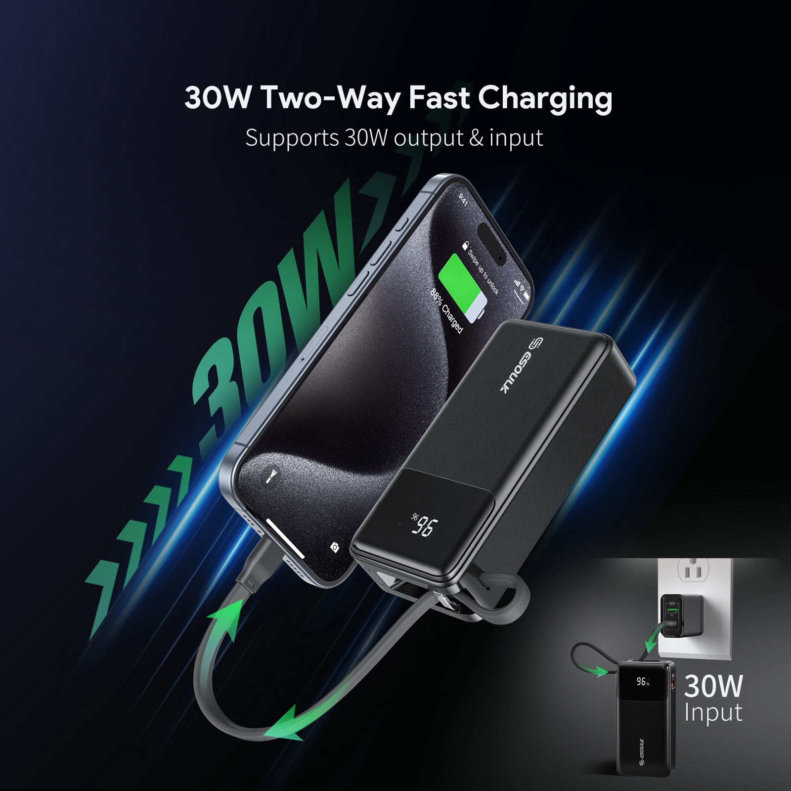30W 10000mAh Power Bank Battery with Integrated USB-C Charging Cable - Black