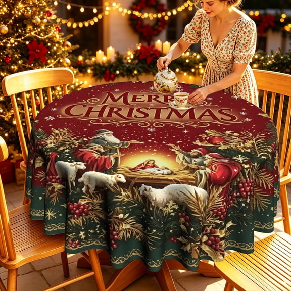 Nativity Scene Christmas Print Polyester Round Tablecloth,Holiday Table Decor, Multi‑Size Options