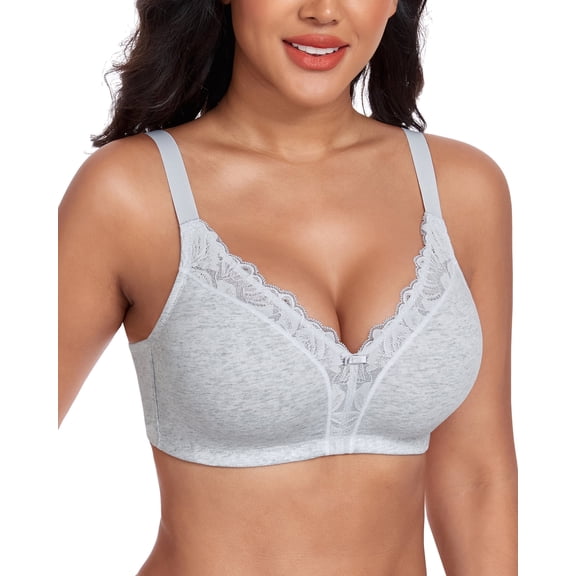 Exerin Women's Full Coverage Bras Wireless V-Neck Comfort Unlined Cotton Bra(34DD,Gray)