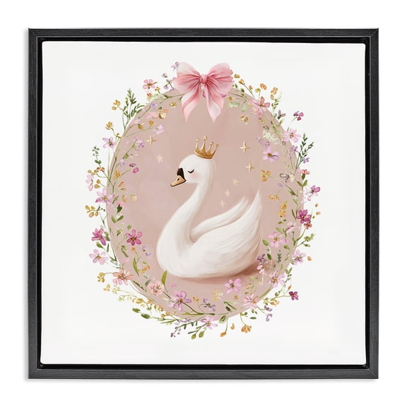 Stupell Industries Shabby Chic Queen Swan with Florals Black Floating Frame Canvas Art, 18 x 18, by Christine Simpson Art