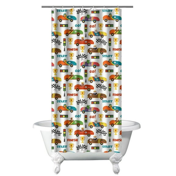 Construction Vehicle Shower Curtain for Kids Bathroom, Cartoon Car Truck Tractor Excavator Fire Truck Design, Waterproof Fabric with Hooks, Fun Playful Style for Boys or Young Renters