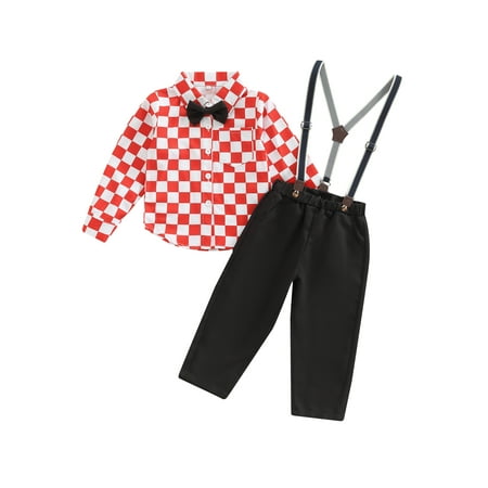 

Frobukio Kids Boys Gentlemen Outfits Lapel Collar Long Sleeve Checkerboard Printed Blouse + Bow Tie + Detachable Straps + Pants Red White 2-3 Years
