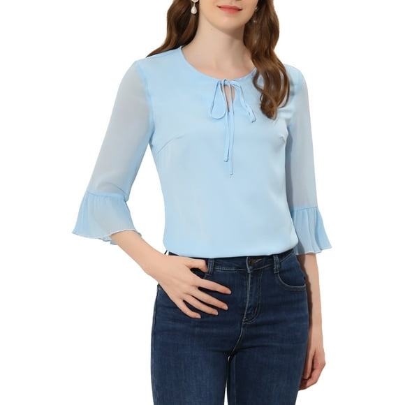INSPIRAR CHIC Blusas de Chiffon con Mangas de 3/4 y Volantes, Cuello con Lazo, Color Azul Claro, Talla S
