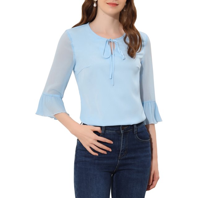 INSPIRAR CHIC Blusas de Chiffon con Mangas de 3/4 y Volantes, Cuello con Lazo, Color Azul Claro, Talla S