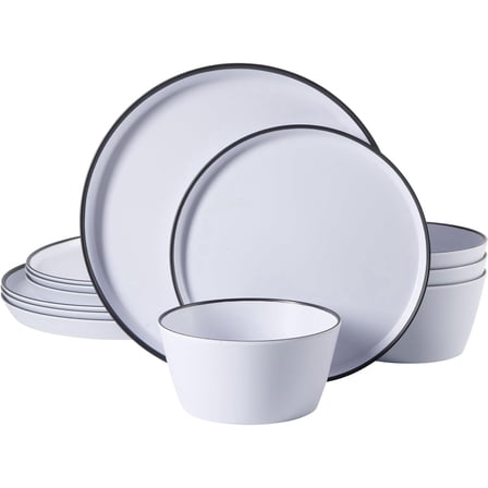 12 Piece Unbreakable Modern Melamine Plates and Bowls Dinnerware Set - Outdoor, Camping, & Everyday Use - White W/Black Rim