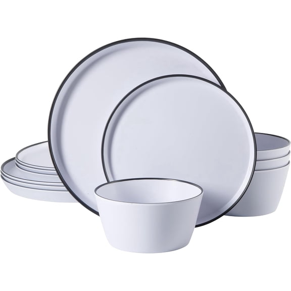 12 Piece Unbreakable Modern Melamine Plates and Bowls Dinnerware Set - Outdoor, Camping, & Everyday Use - White W/Black Rim