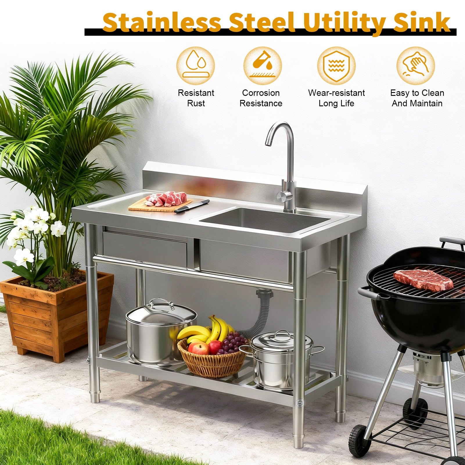 SHUO Y - Stainless Steel Sink with Drawer, Bottom Shelf, 39-Inch Free Standing Utility Sink with Cold Hot Water Faucet Hose, Single Bowl Sink for Indoor, Outdoor, Kitchen, Laundry Room