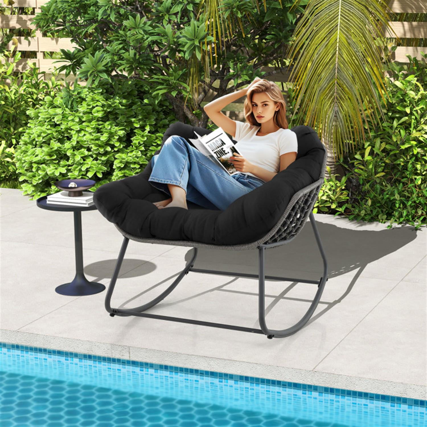 Demi Bonn Outdoor Rocking Chair Oversized Patio PE Wicker Egg Chair with Cushion, Patio Accent Furniture Fire Pit Lounge Chairs for Yard, Garden, Black