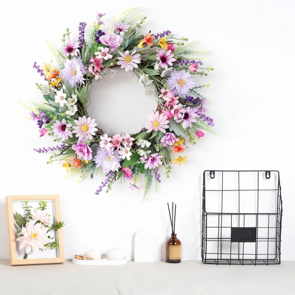 Junepar 20" Spring Wreaths for Front Door with Artificial Lavender Colorful Flowers Green Leaves Wreath for Home Wall Party Decor