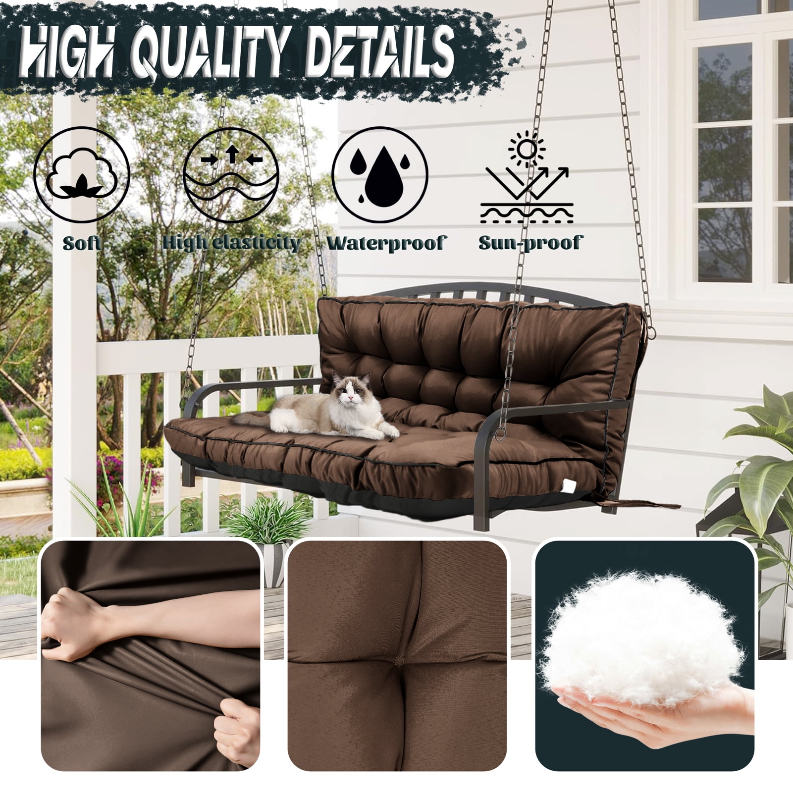 Replacement Cushions for Outdoor Swing, Swing Replacement Cushions Thicken 4" with Backrest, Waterproof Bench Cushions for Patio Furniture Porch Swing Cushions (Brown)