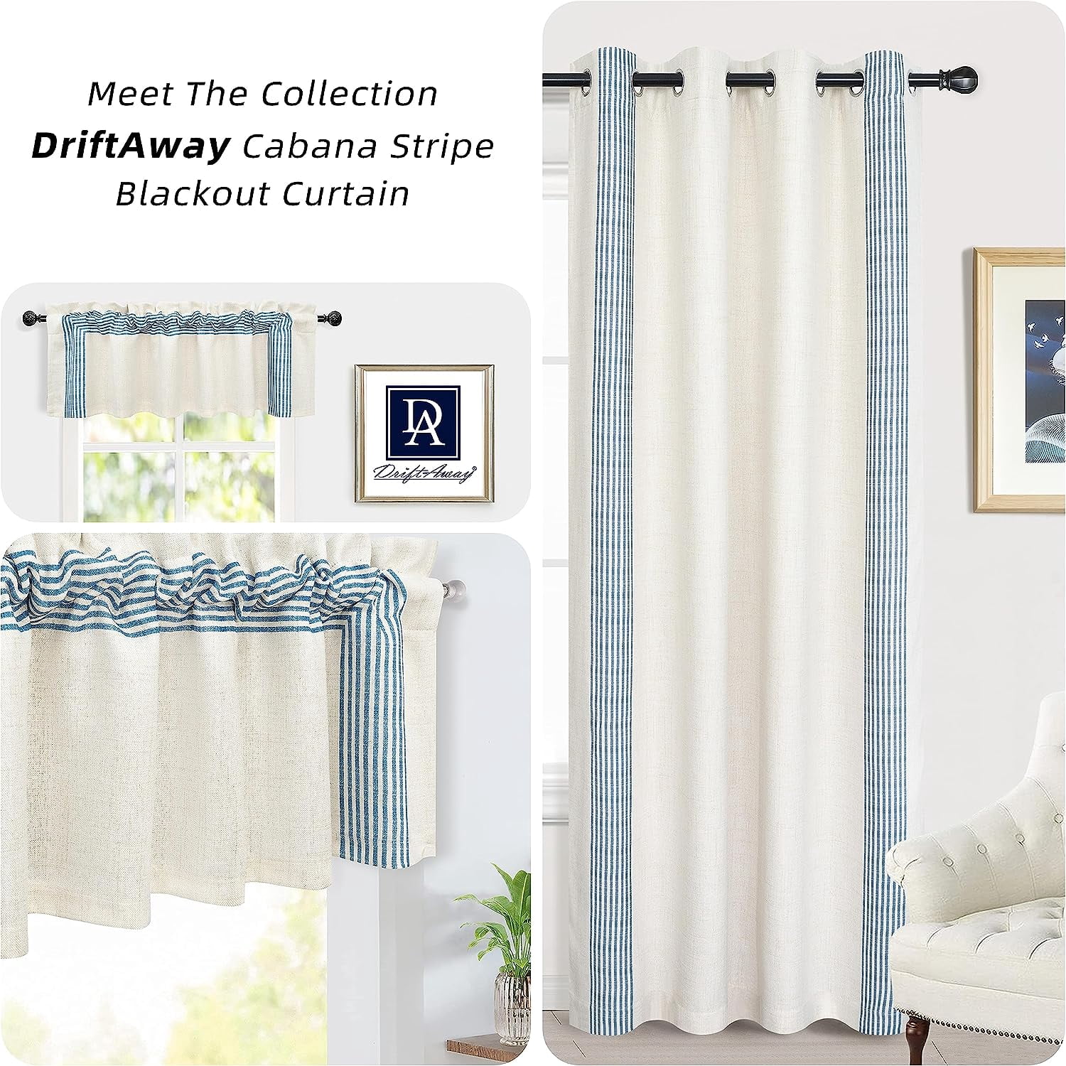 DriftAway Chris Vertical Striped Pattern Linen Blend Lined Thermal Insulated Blackout and Room Darkening Grommet Linen Curtains for Farmhouse Printed, 2 Panels, 52" x 84", Cabana Denim Stripe