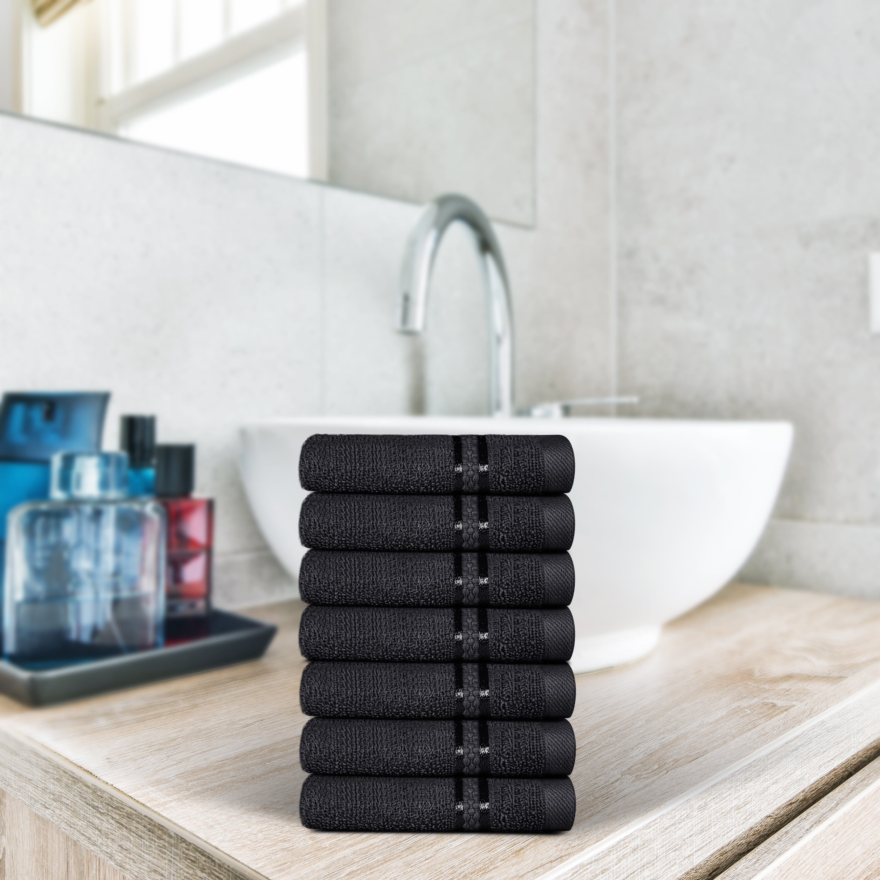 Dewall Maisons Elegant Black 8-Piece Cotton Washcloth Pack - Superior Soft And Absorbent, 12" x 12" Size - Perfect For Bathroom, Spa, Facial Care - Premium Hand And Face Towel Solution