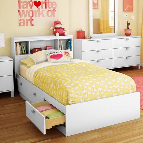 South Shore Spark 3Drawer Storage Bed, Twin, White, With Bookcase Headboard