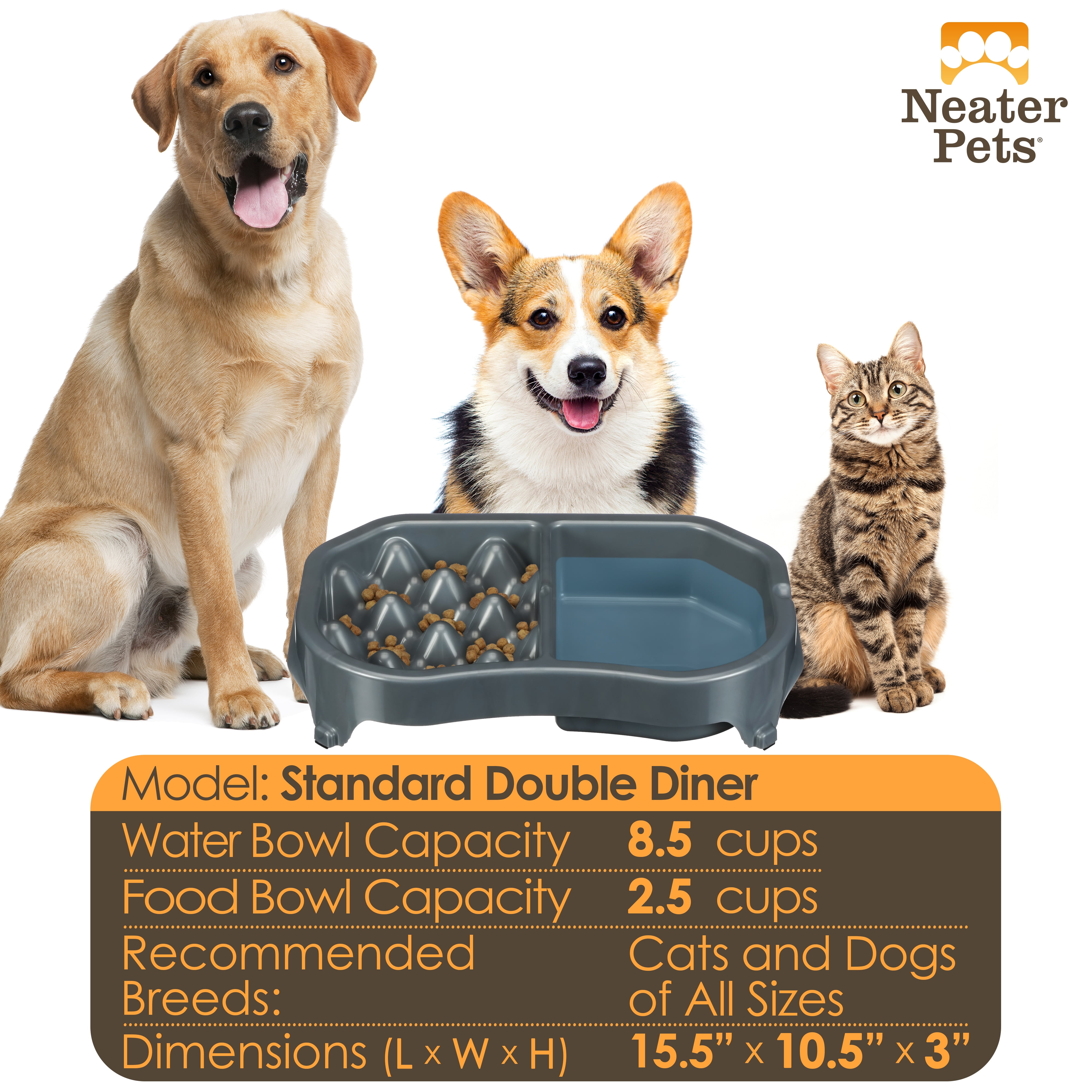 Neater Pet Brands Neater Slow Feeder Double Diner Food and Water Bowl - Improves Digestion, Stops Obesity, and Slows Down Eating, Gunmetal