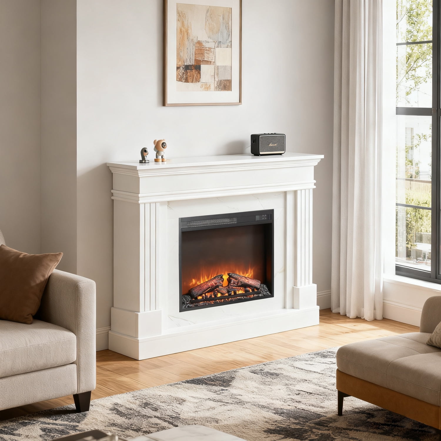 Lisonu 44" Nordic White Electric Fireplace Mantel with Realistic 3D Flame, Faux Stone Texture Surround & Remote Control for Cozy Living Room Decor